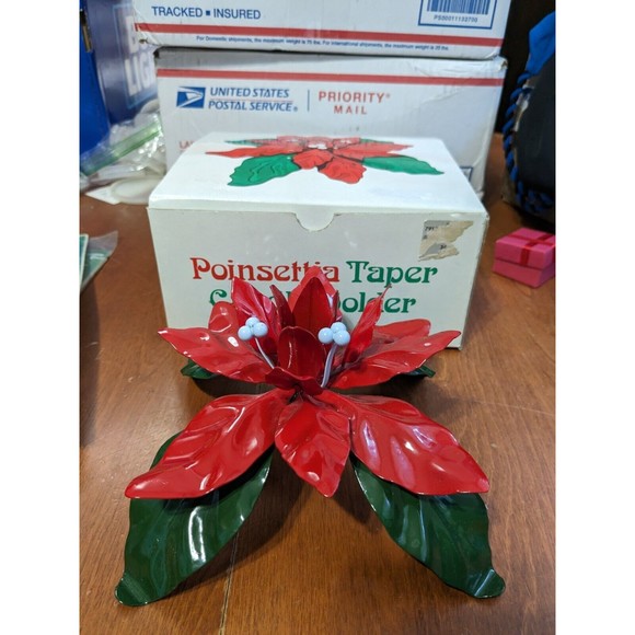 Vintage Dept 56 Poinsettia Taper Candle Holder In Original Box 7175-7 - Picture 14 of 15